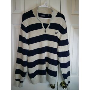 CHAPS Navy Blue Cream Striped Quarter‎ Zip Pullover Sweater Nautical Style